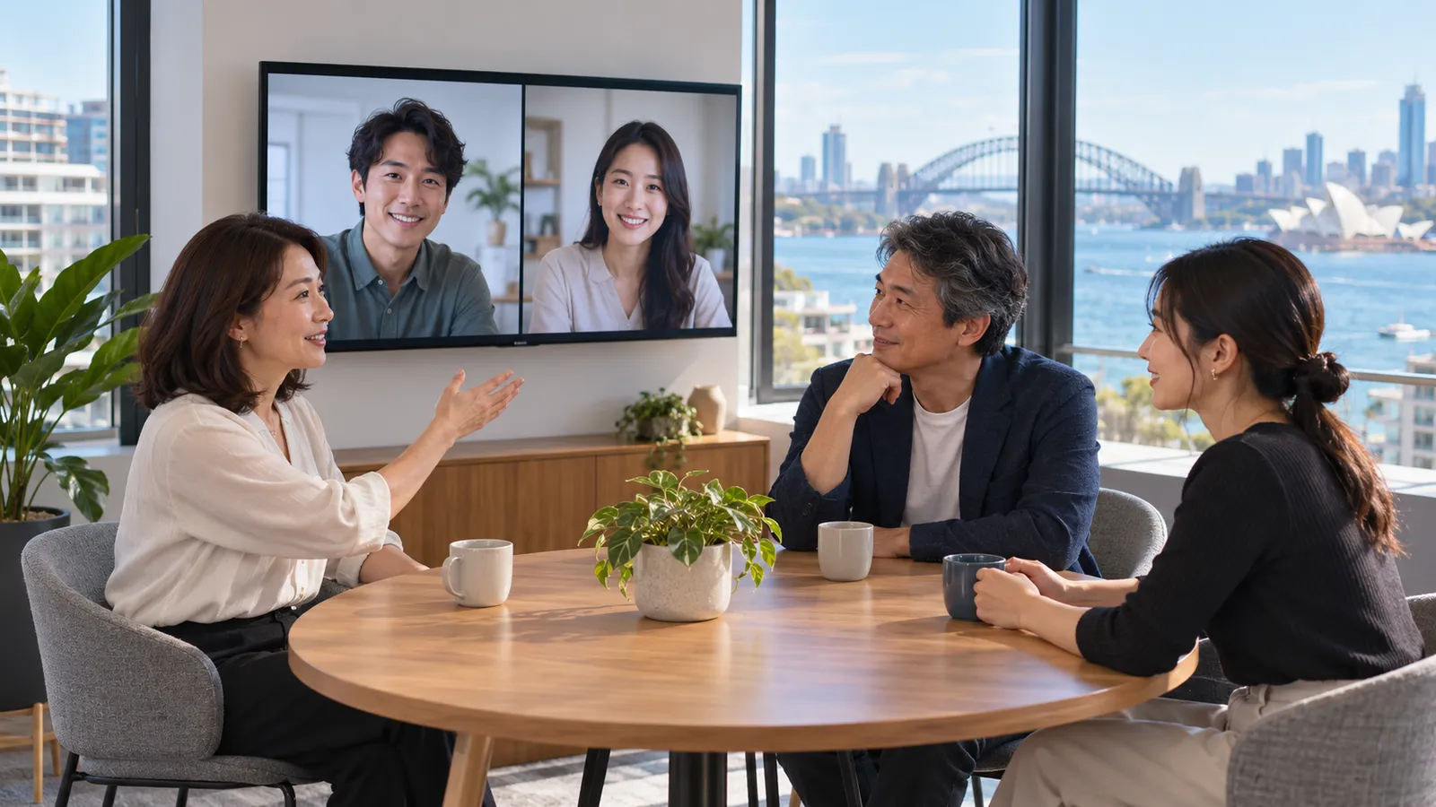シドニーの港を望むオフィスで、画面越しの同僚と会議する日本人の男女。
