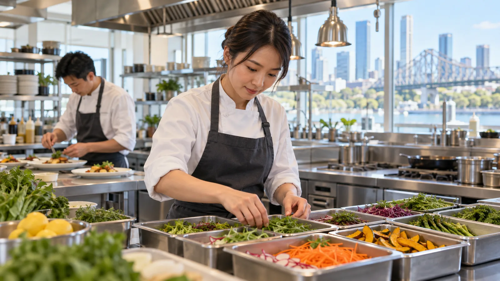 ブリスベンの明るいレストラン厨房で、日本人女性シェフが仕込み用の野菜を確認し、奥で男性シェフが盛り付けをしている。