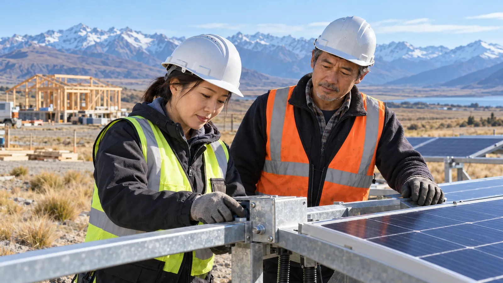 ニュージーランドの山々を背景に、太陽光発電設備を点検する日本人の男女技術者。
