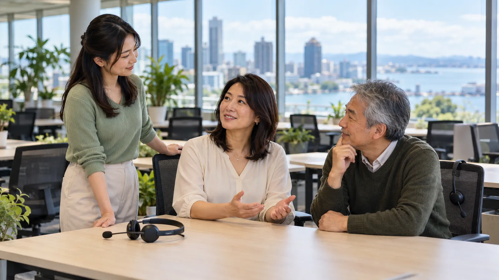 港を望む明るいオフィスで、ヘッドセットを置いた机を囲んで話す日本人の男女三人。