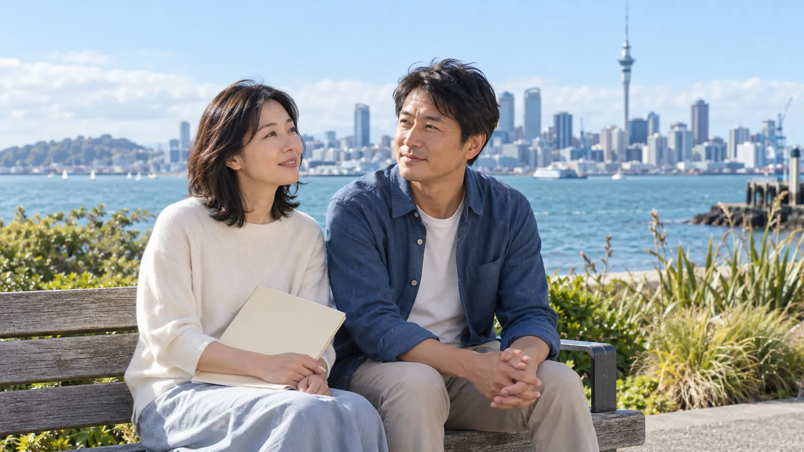 オークランドの港と街並みを背に、ベンチで穏やかに語り合う日本人の男女。