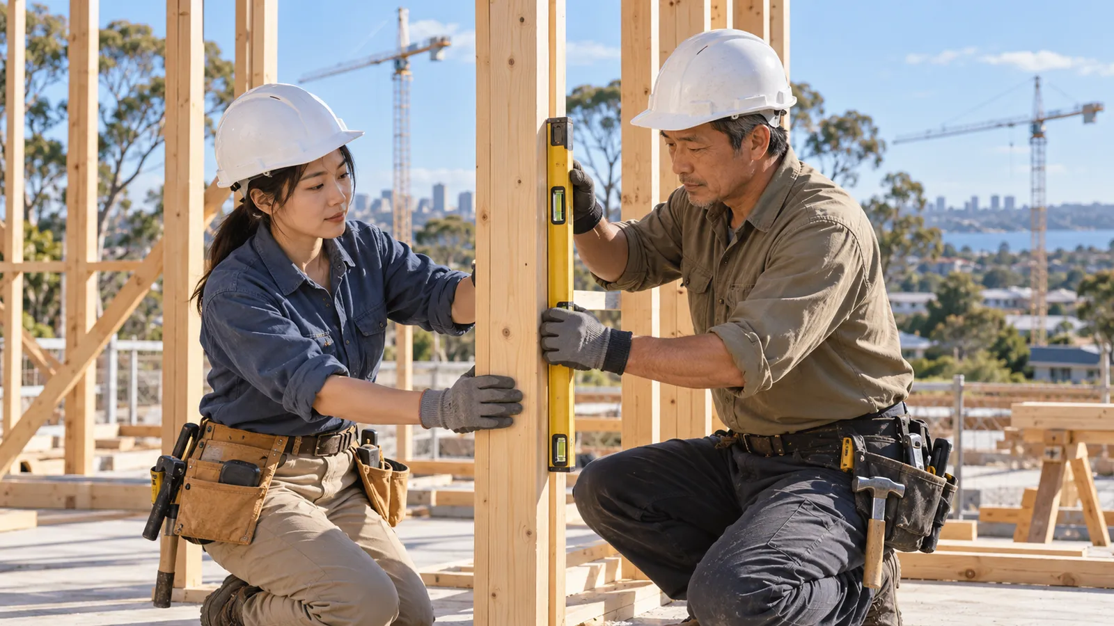 オーストラリアの住宅建設現場で、日本人の男女の職人が柱の垂直を確認している。