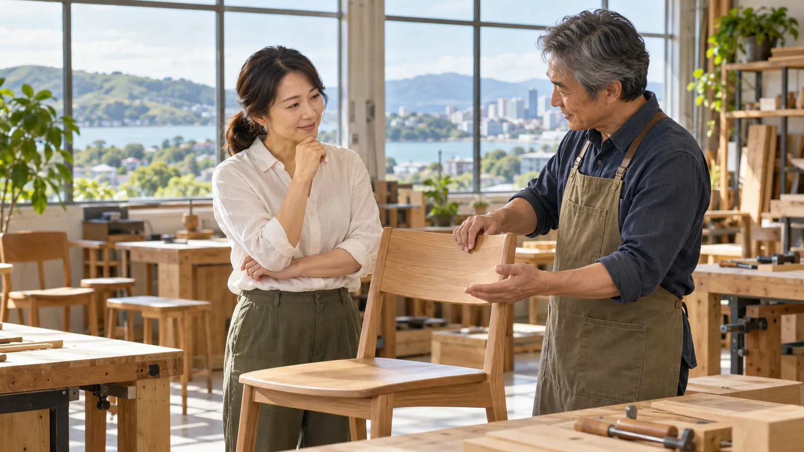 明るい家具工房で、木製の椅子を囲んで話し合う日本人の男女。