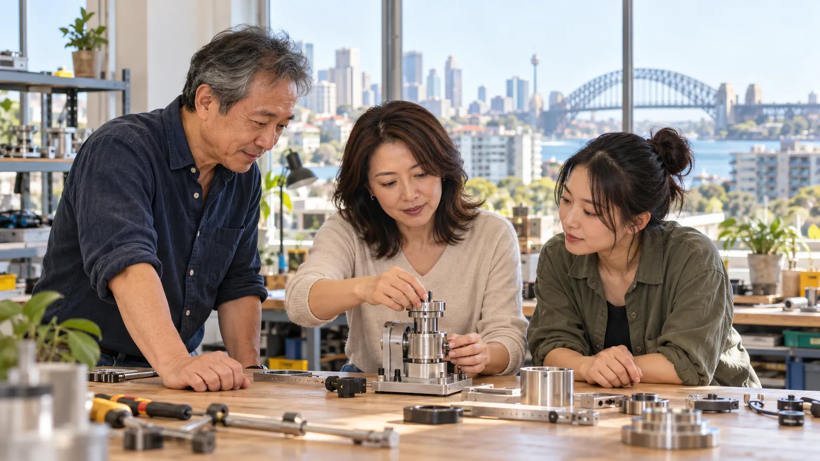 シドニーの街並みを望む明るい工房で、機械部品を囲んで協働する日本人の男女３人。
