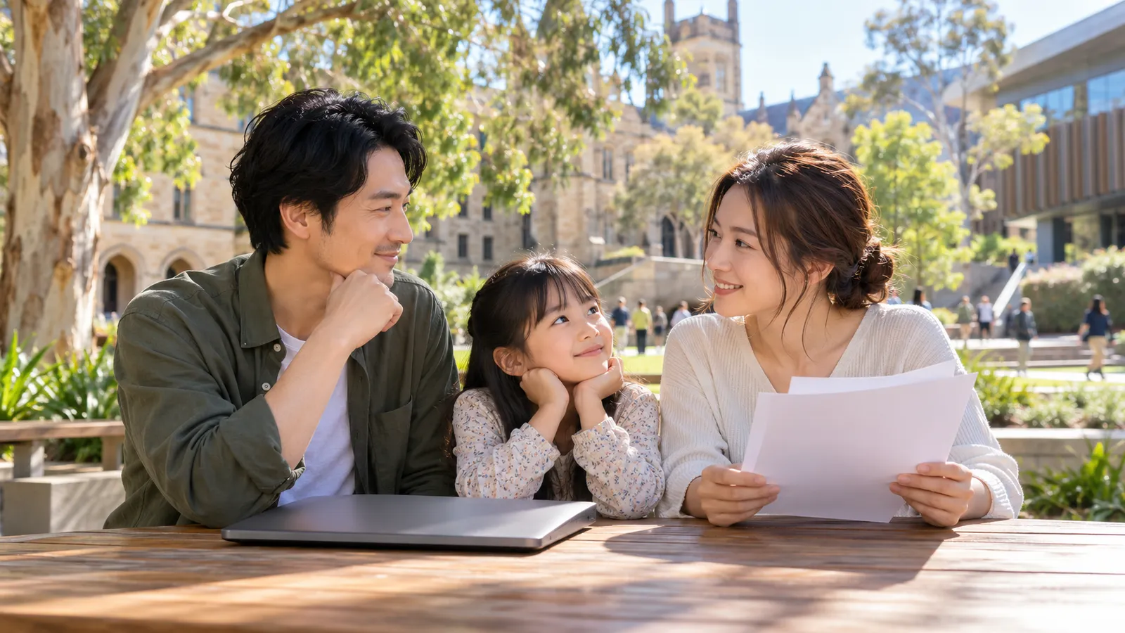 オーストラリアの大学キャンパスで、書類を手に笑顔で語り合う日本人の親子三人。