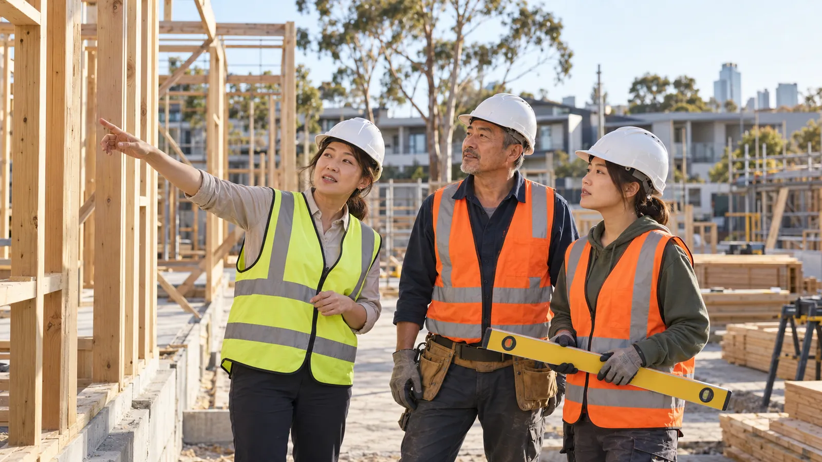 オーストラリアの建設現場で、木造の骨組みを見ながら作業を相談する日本人の男女三人。