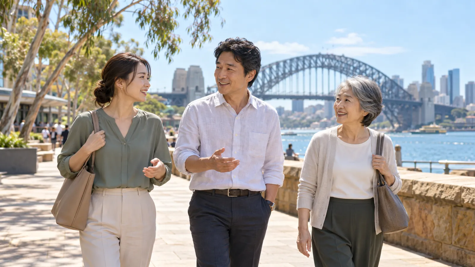 シドニーのハーバーブリッジを背に、世代の異なる日本人の男女３人が笑顔で歩く。