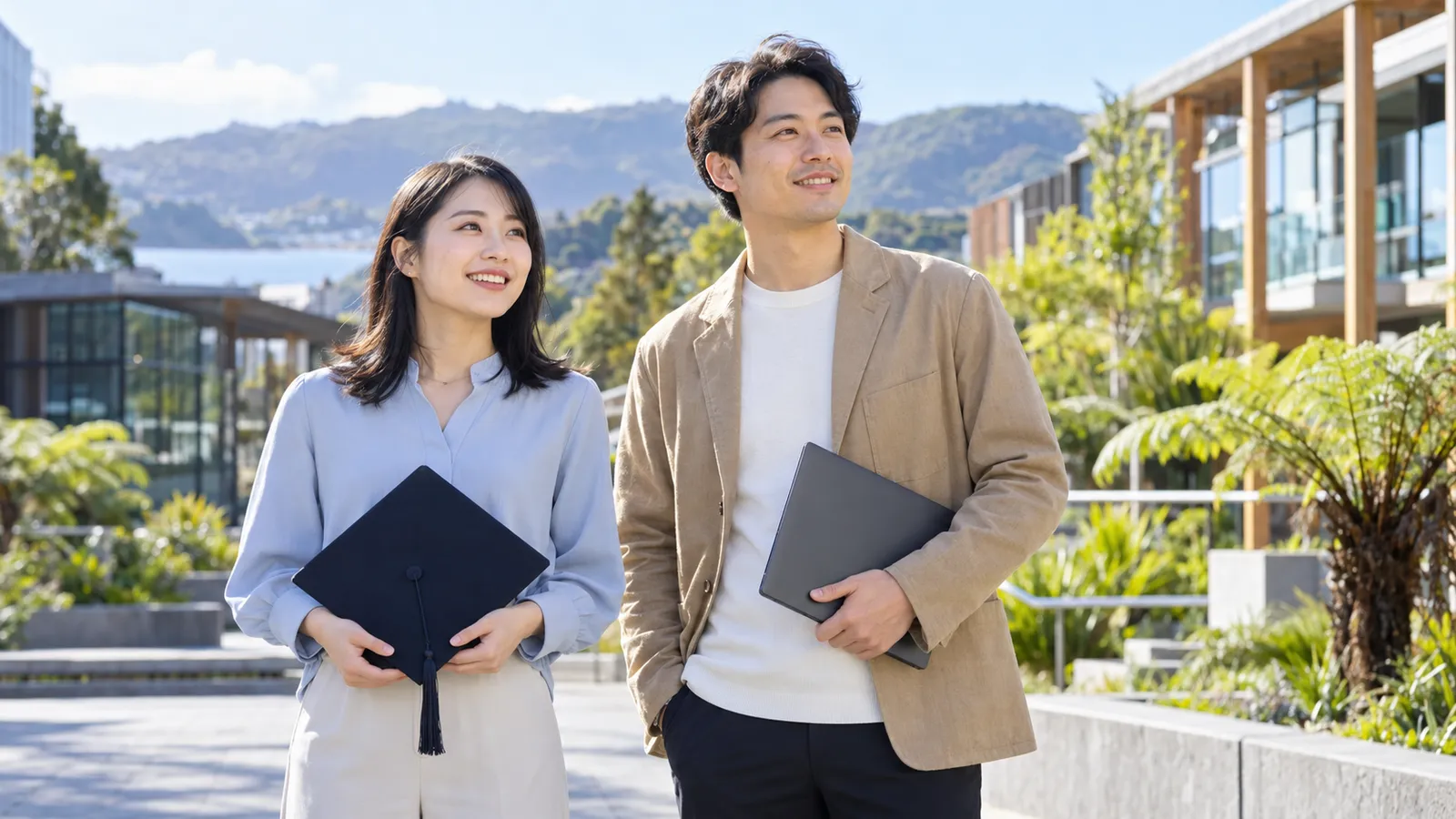 ニュージーランドの大学構内で、角帽とノートパソコンを手に微笑む日本人の男女。