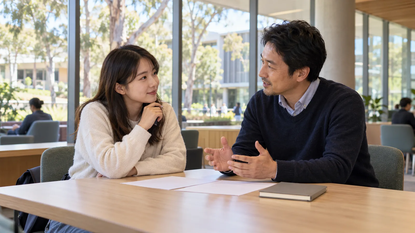 オーストラリアの大学で、日本人留学生が相談員と学習計画について話し合う。