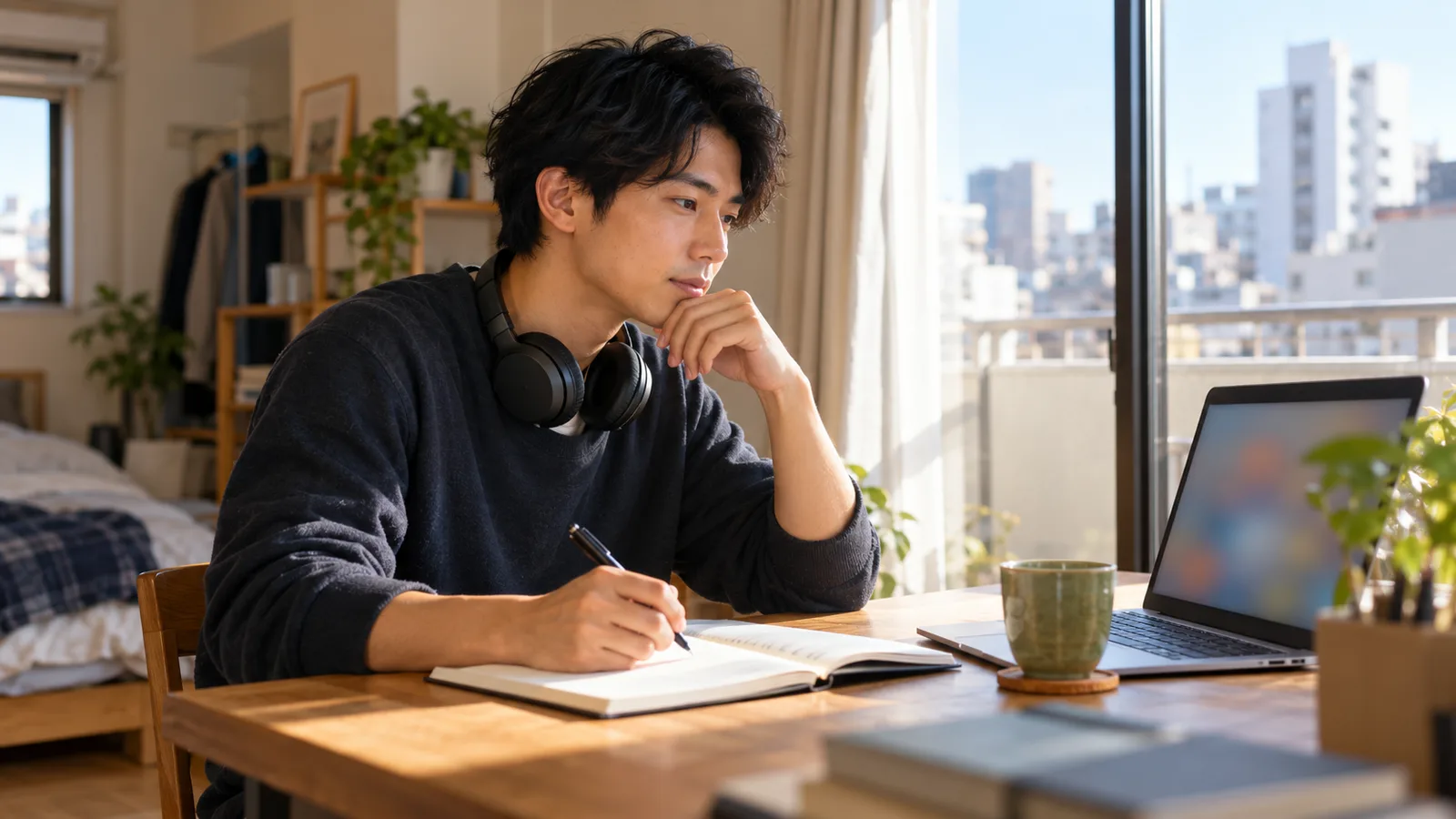 東京のアパートの日が差す窓辺で、ノートとノートパソコンを使って英語を勉強する日本人男性。