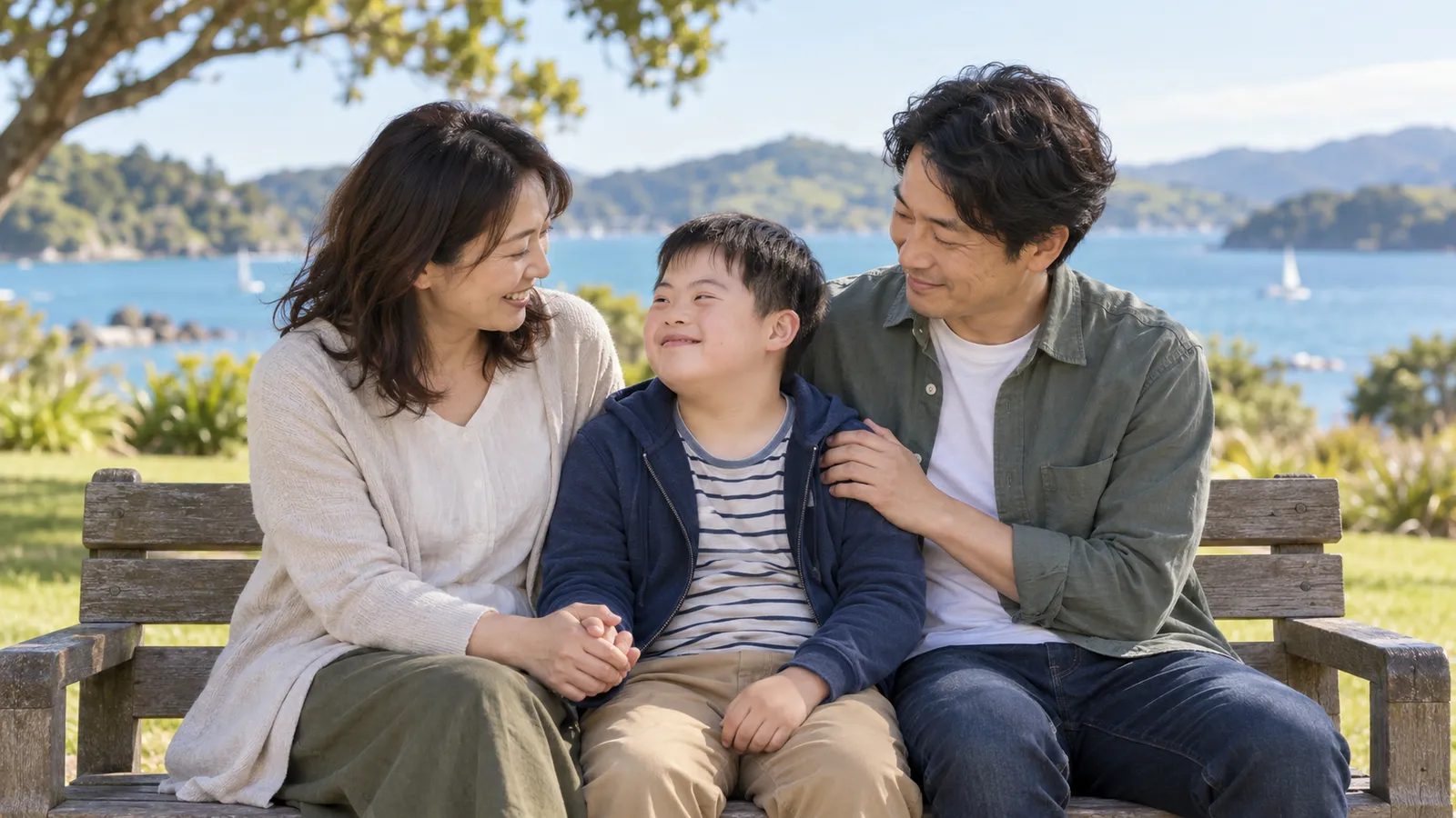 海辺の公園のベンチで、両親に囲まれて笑顔を見せる男の子。