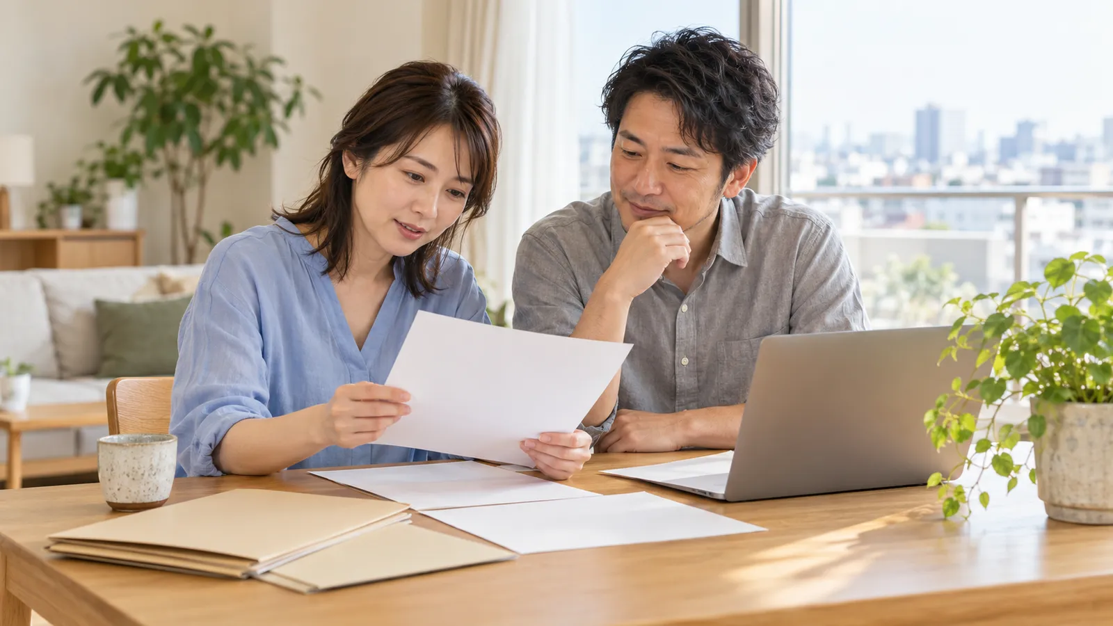 明るい自宅で、ノートパソコンを横に書類を確認する日本人の男女。