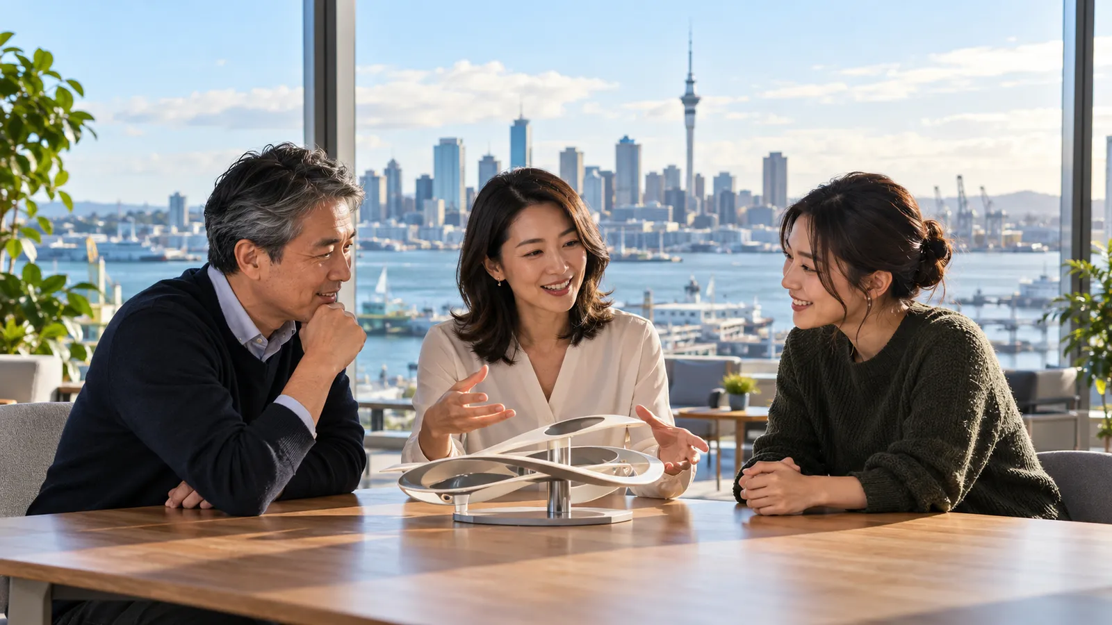 オークランドの港を望むオフィスで、試作品を囲んで話し合う日本人の男女３人。