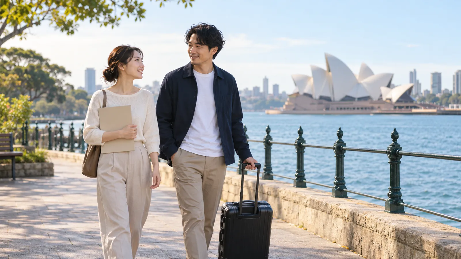 シドニー湾沿いで、書類入れとスーツケースを持って歩く日本人の男女。
