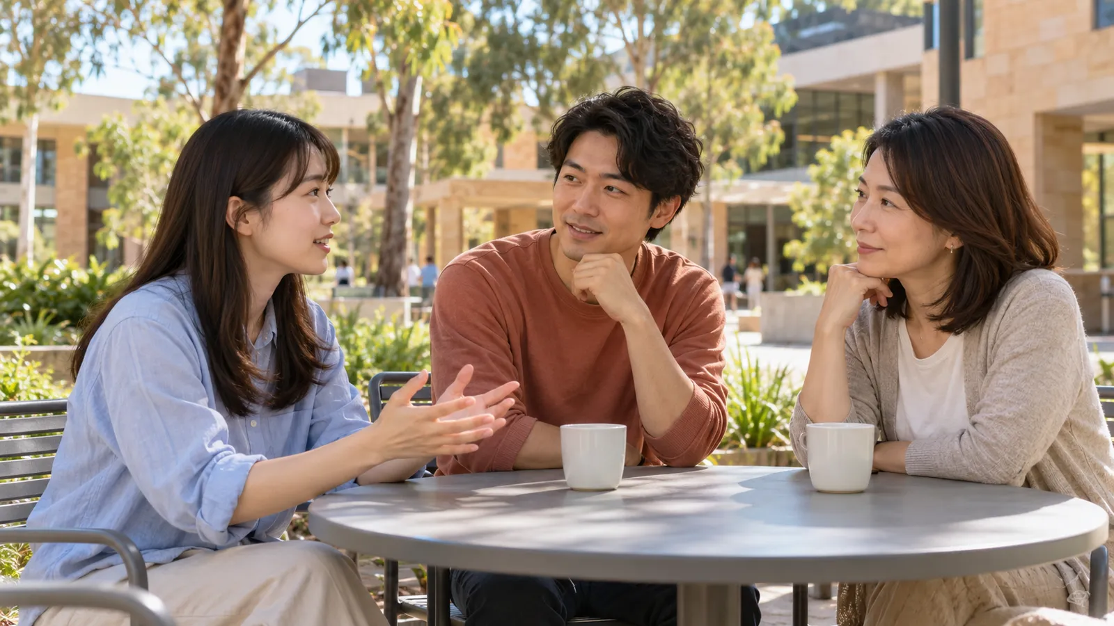 オーストラリアのキャンパスの中庭で、テーブルを囲んで穏やかに話す日本人の男女3人。