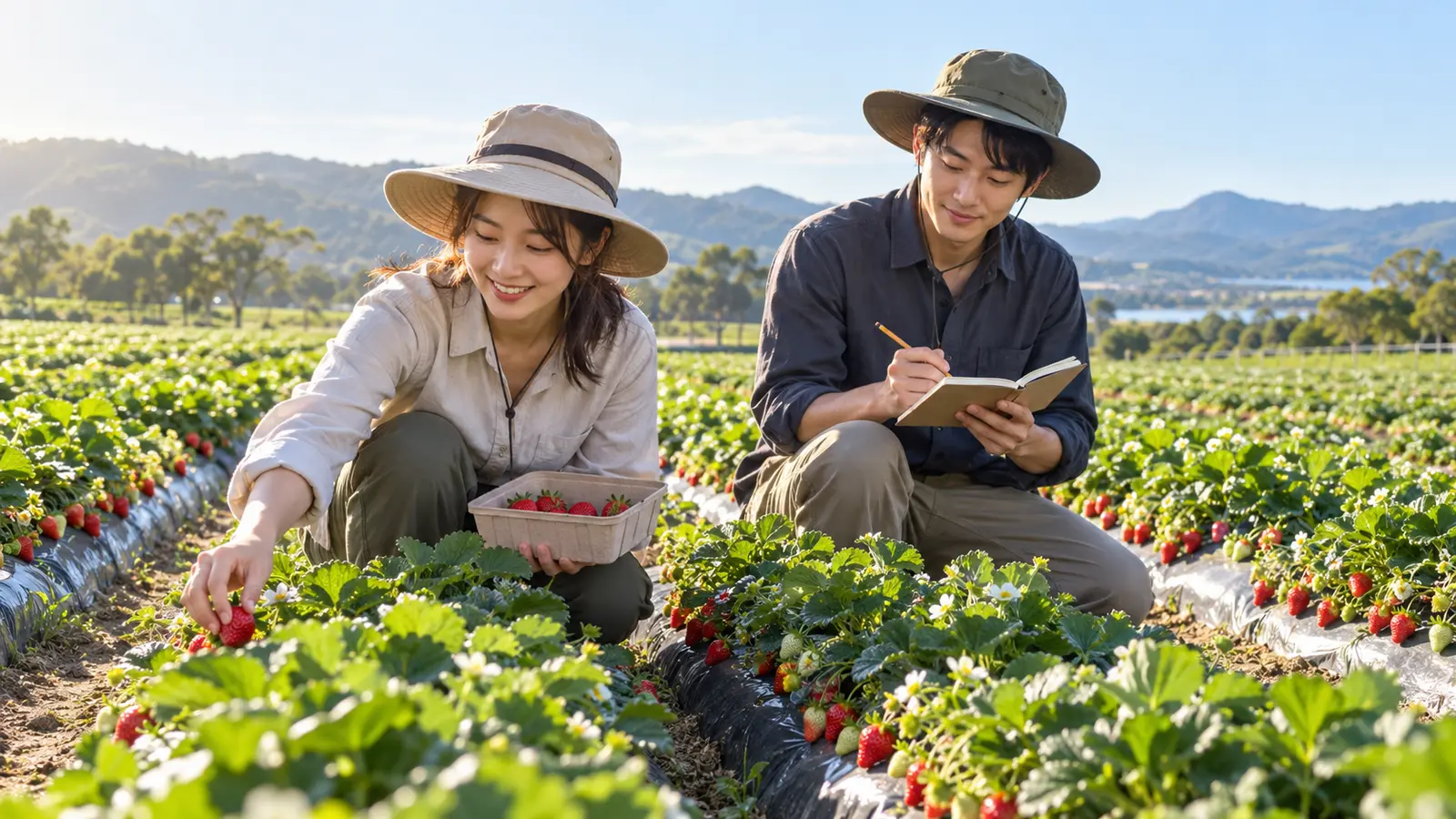 朝のクイーンズランドのいちご畑で、日よけ帽をかぶった日本人女性が収穫し、隣の男性が手帳に記録する。