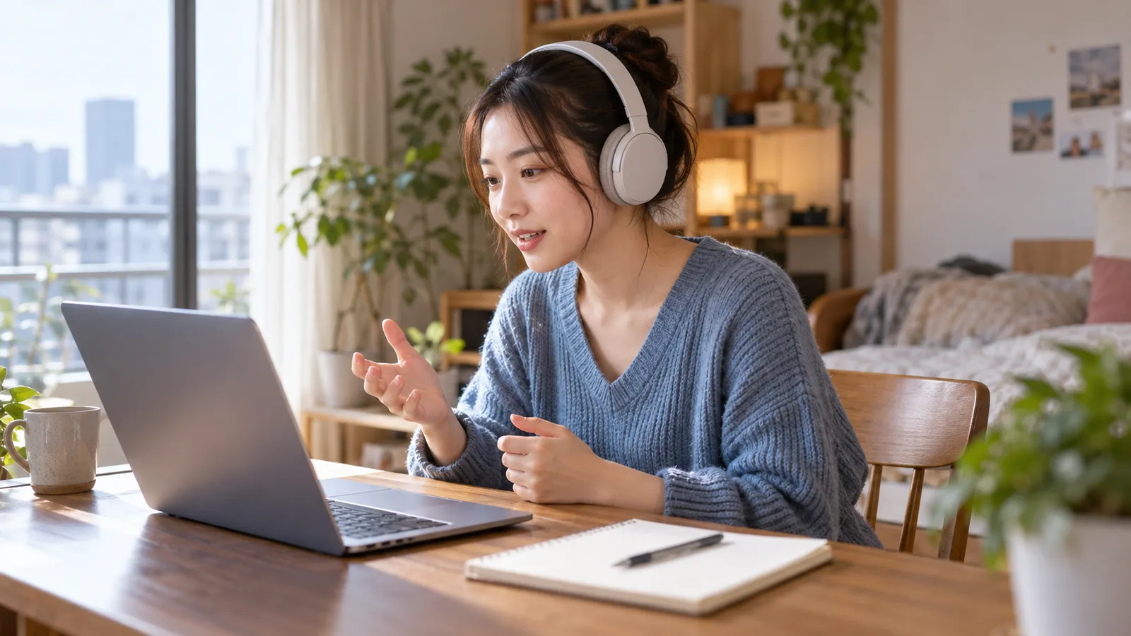 東京の明るい部屋で、ヘッドホンをつけた日本人女性がノートとペンをそばに置き、ノートパソコンで英語の練習をしている。