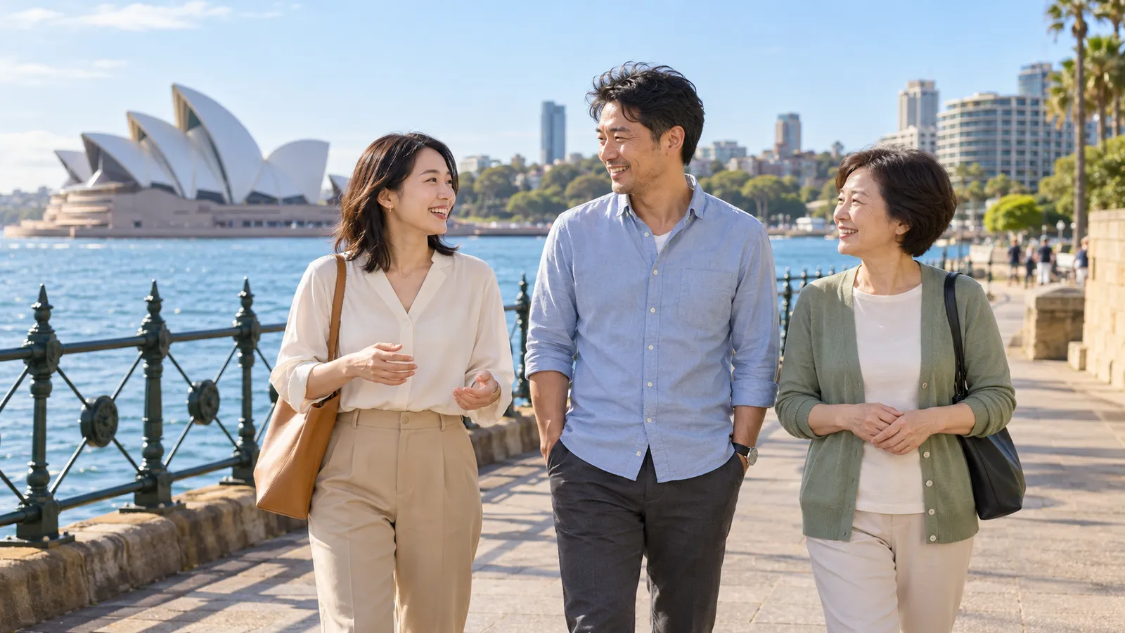 オペラハウスを背景に、シドニーの水辺を笑顔で歩く日本人の男女三人。