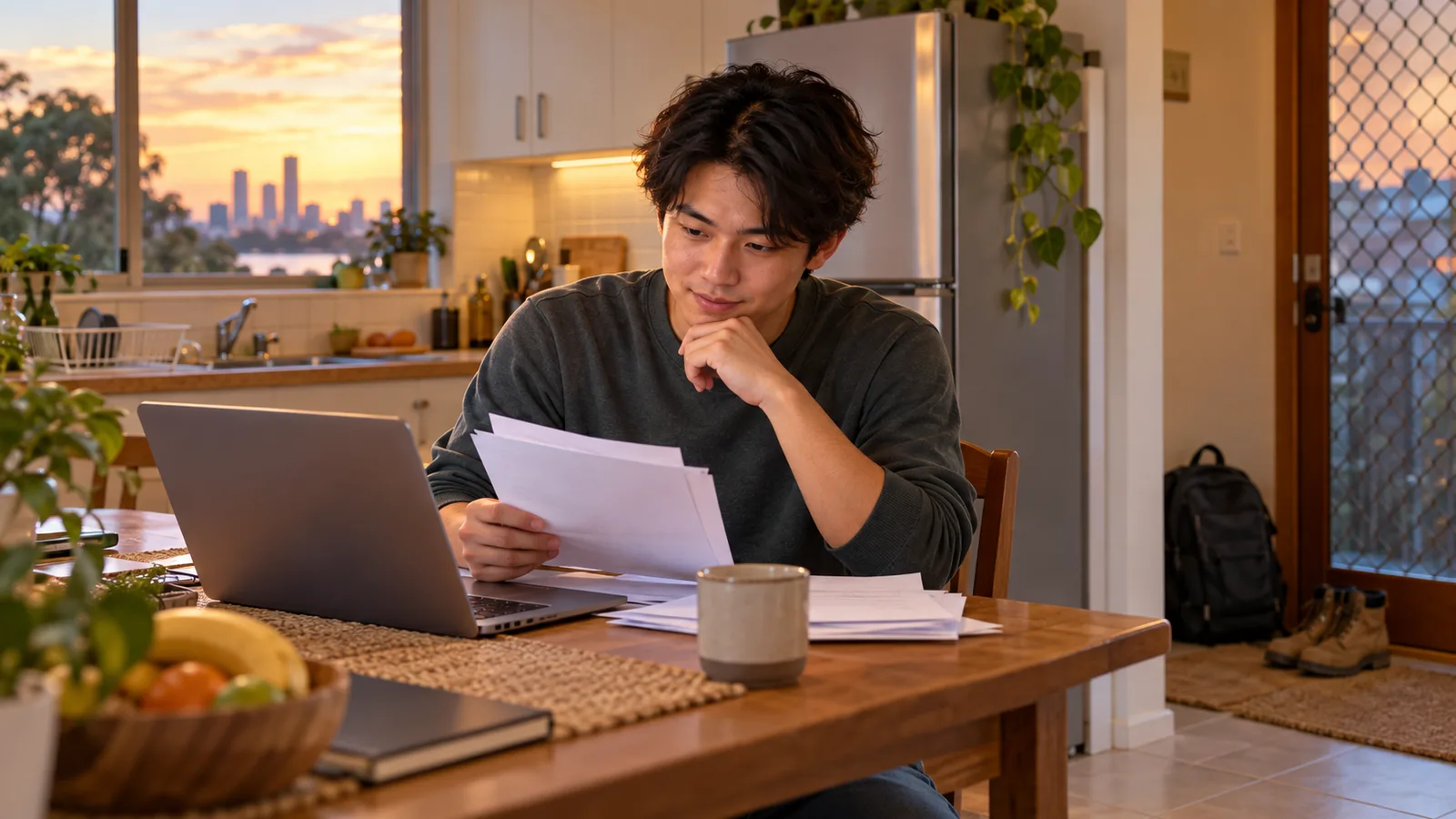 夕暮れのブリスベンのシェアハウスで、給与明細とノートパソコンを見比べる日本人の若い男性。