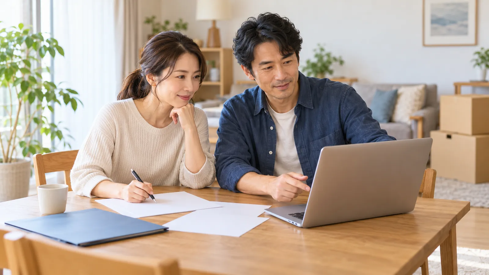 引っ越し用の段ボールがある自宅で、書類を広げてパソコンを確認する日本人夫婦。