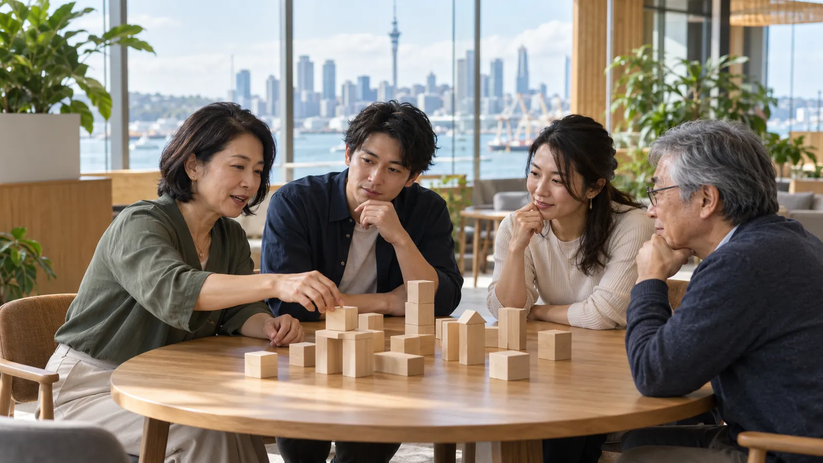 オークランドの港を望む職場で、木製ブロックを囲んで話し合う日本人の男女４人。
