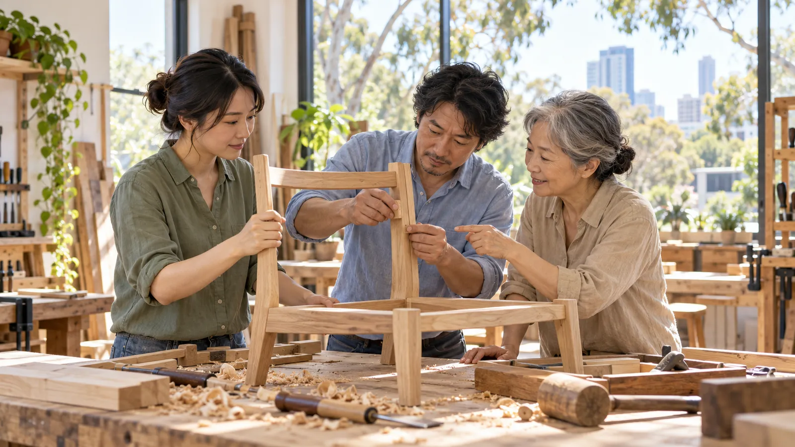 オーストラリアの明るい木工工房で、世代の異なる日本人の男女三人が木製の椅子を組み立てている。