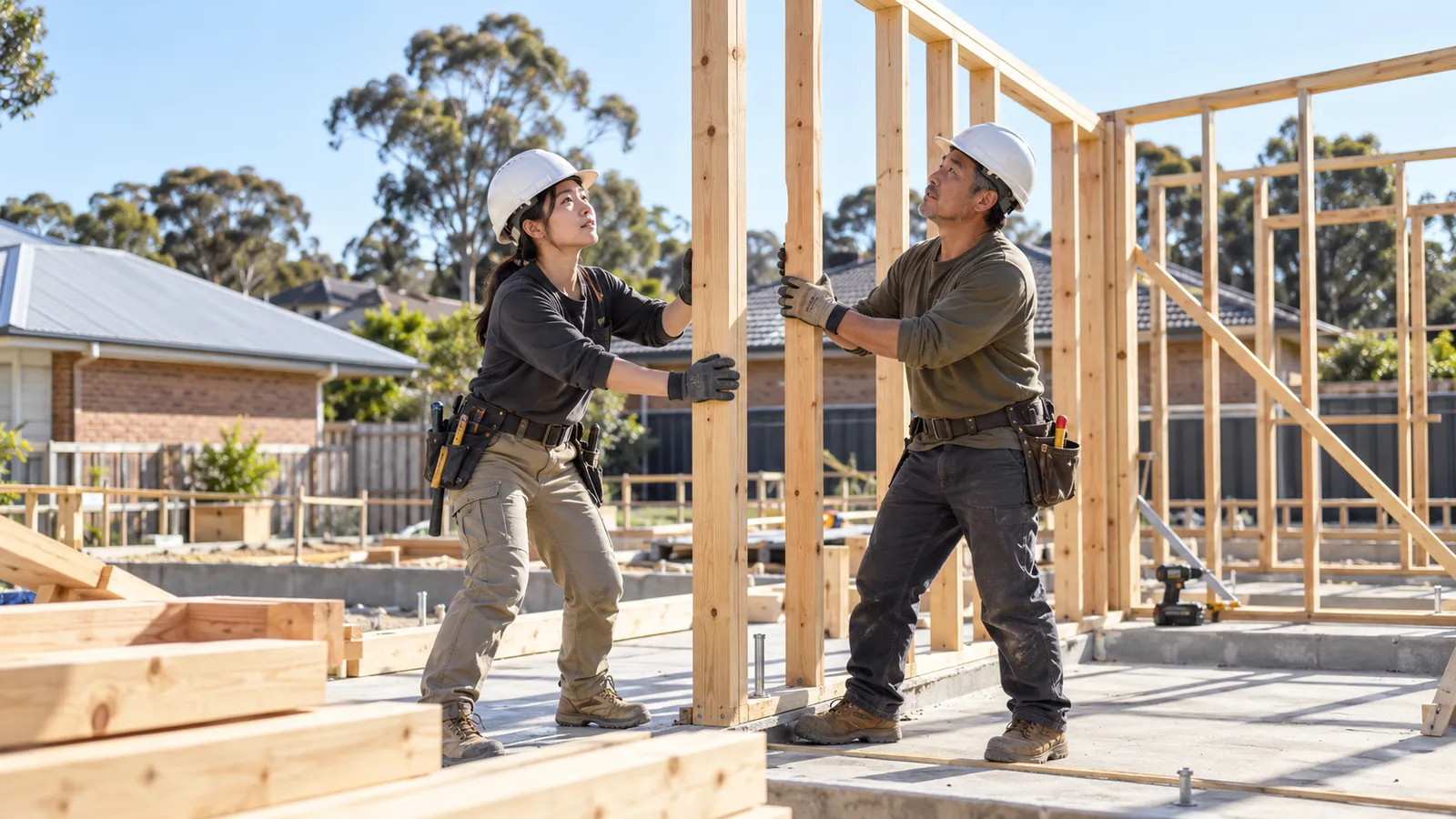 オーストラリアの住宅建設現場で木枠を支える日本人の男女の職人。