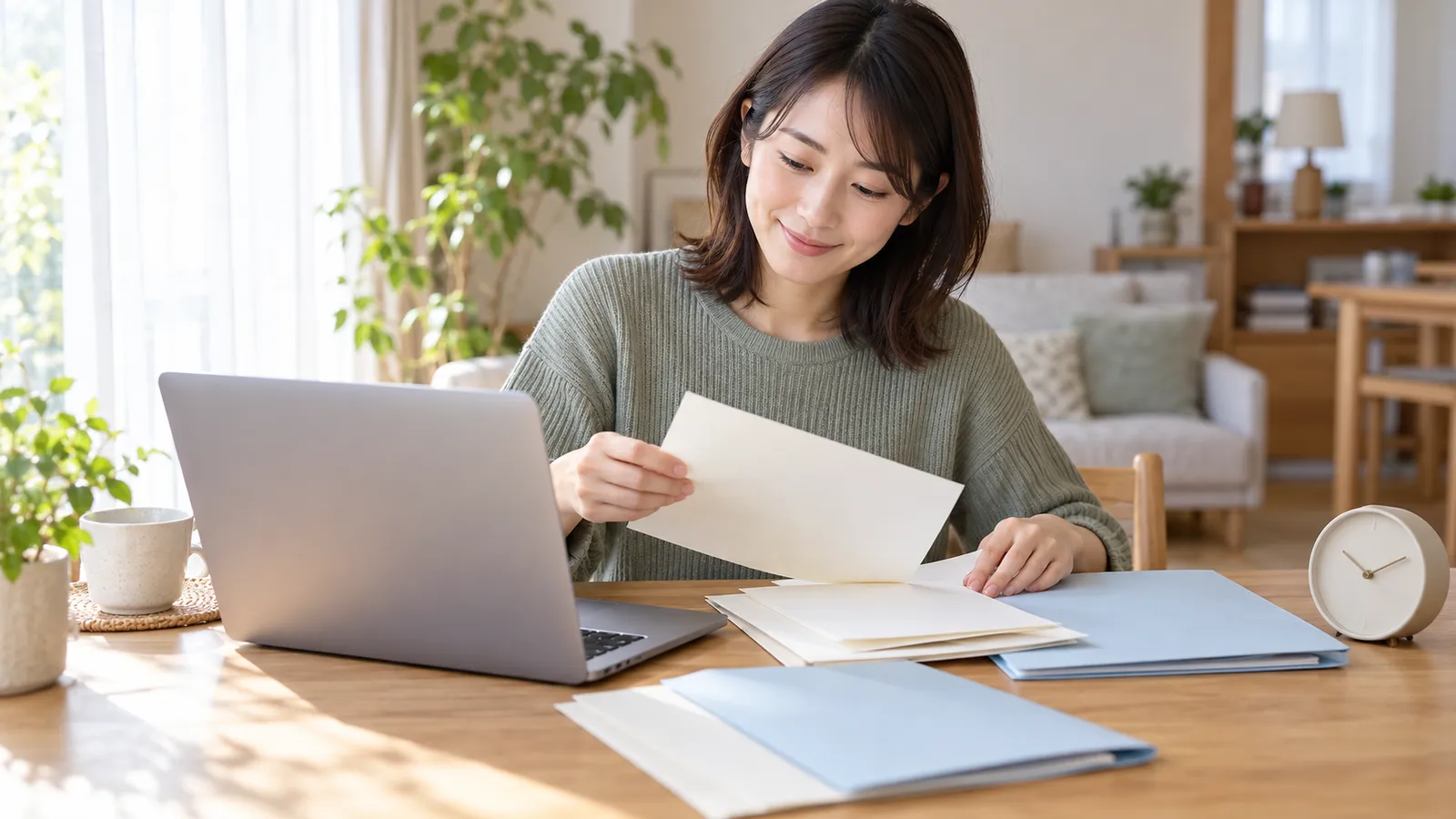 朝の光が差す自宅で、ノートパソコンの横で書類を整理する日本人女性。