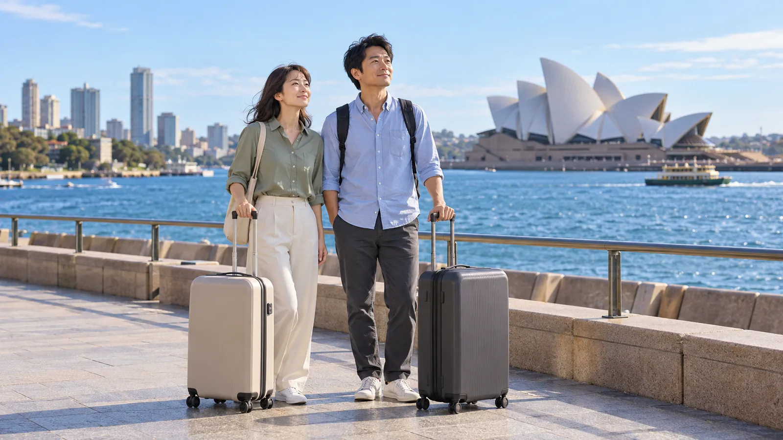 オペラハウスを背景に、スーツケースを持ってシドニーの港辺に立つ日本人の男女。