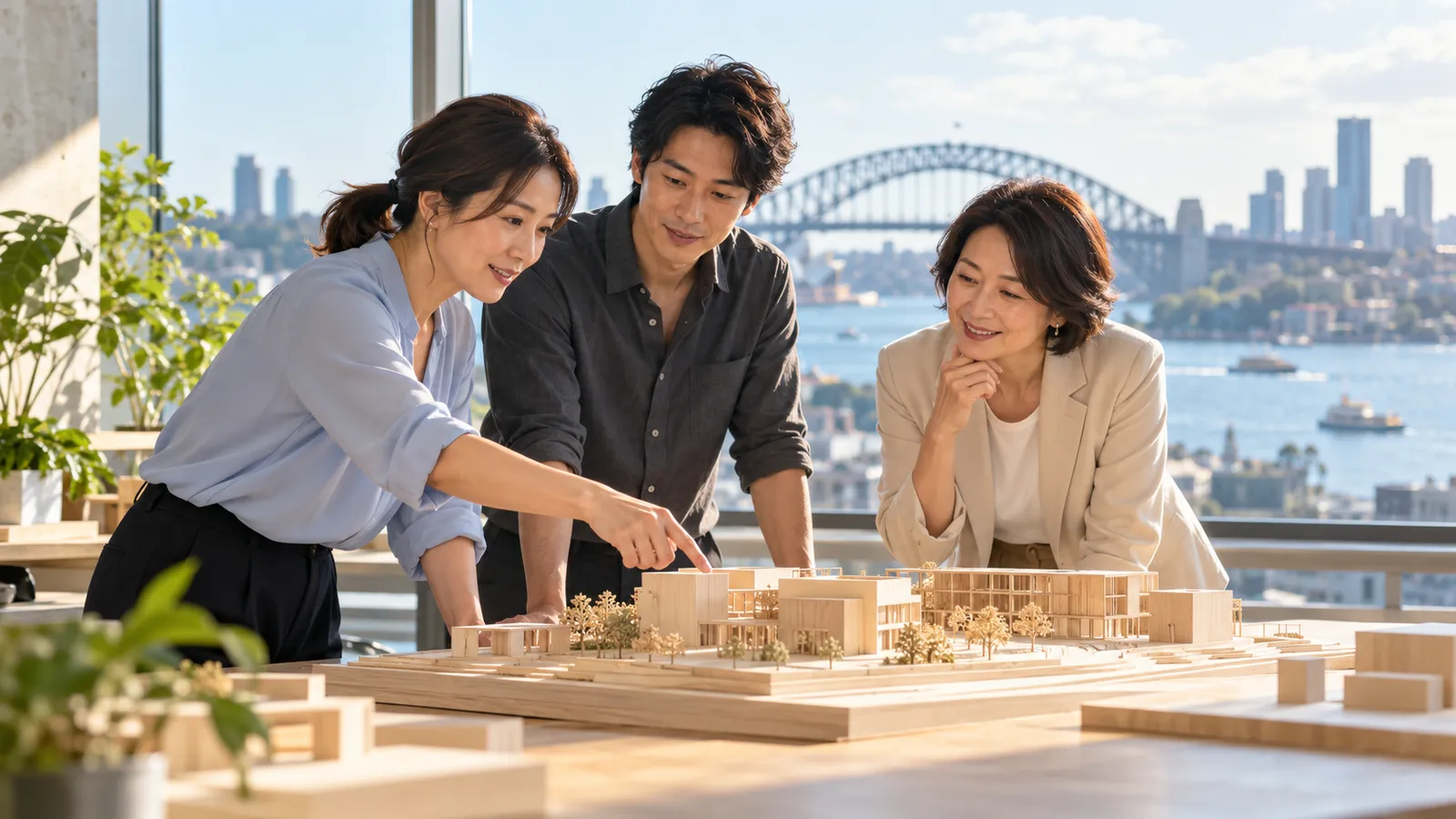 シドニー湾を望む明るい職場で、建築模型を囲んで話し合う日本人の男女３人。