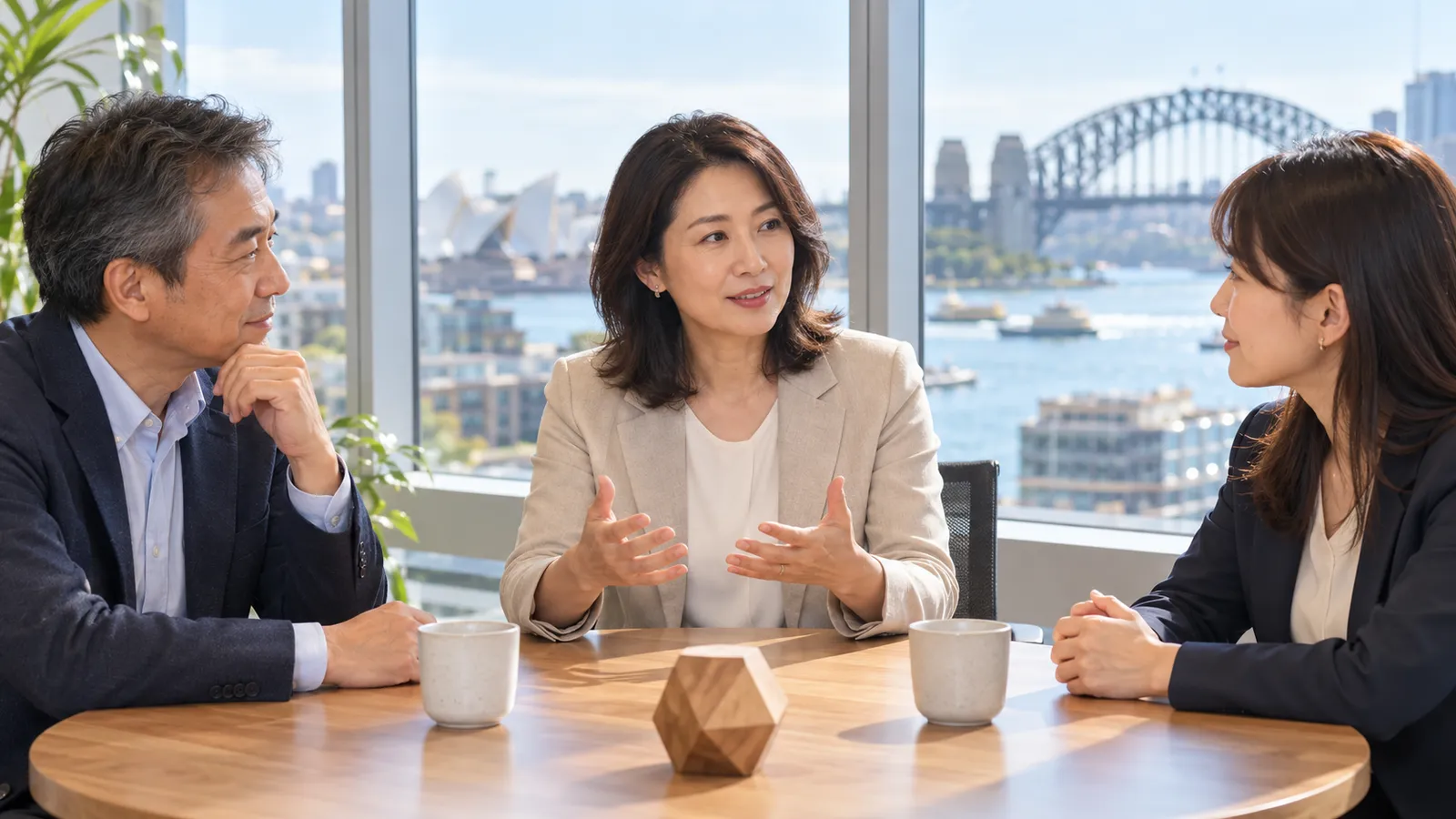 シドニーの港を望むオフィスで、日本人女性が同僚二人と打ち合わせをしている。