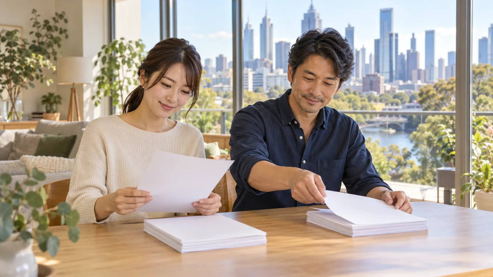 街並みを望む明るい部屋で、白い用紙を整理する日本人の男女。
