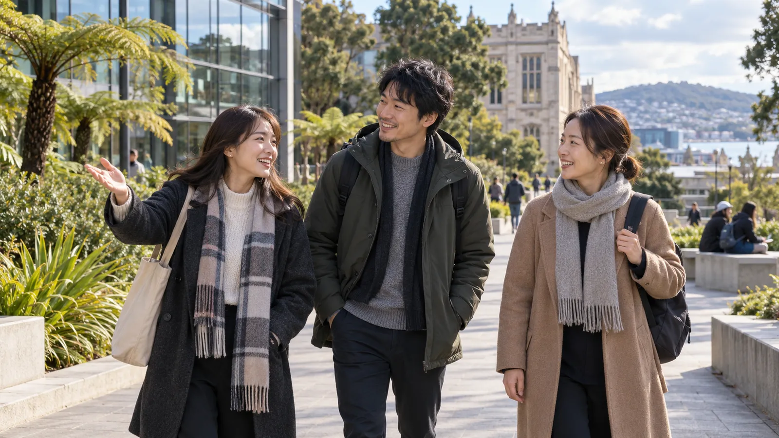 ニュージーランドの大学キャンパスで、談笑しながら歩く日本人学生の男女３人。
