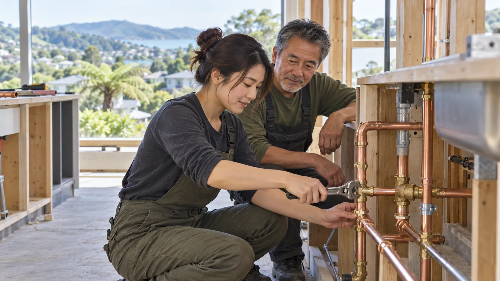 ニュージーランドの住宅建築現場で、協力して銅管を施工する日本人の男女。