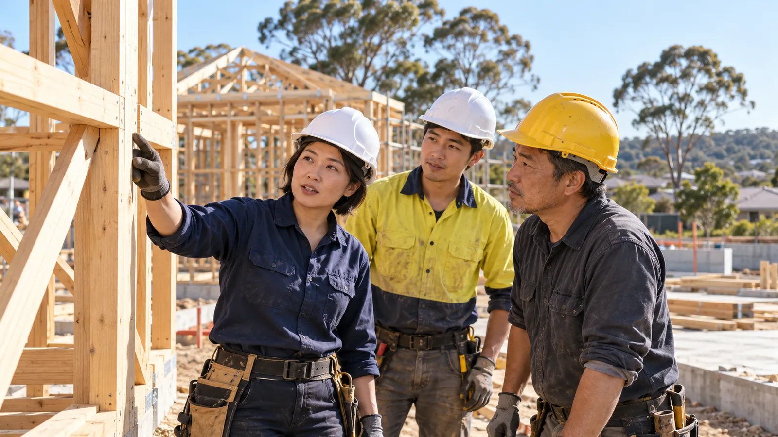 オーストラリアの住宅建設現場で木造の骨組みを確認する日本人作業員の男女３人。