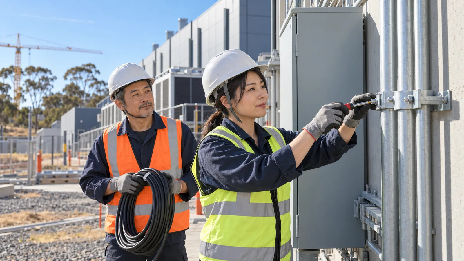 豪州のデータセンター建設現場で電気配管を取り付ける日本人の男女技術者。
