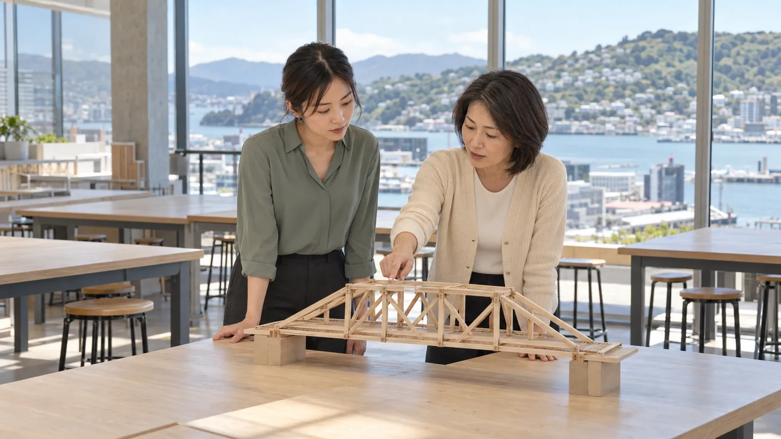 港を望む明るい設計事務所で、木製の橋の模型を確認する二人の日本人女性技術者。