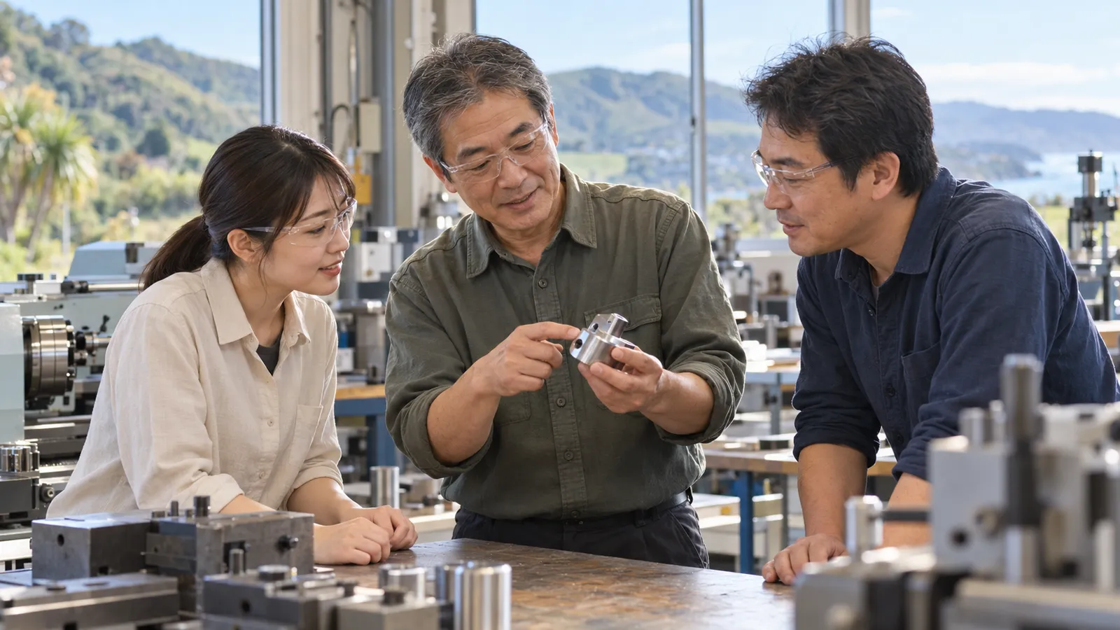 自然光の入るニュージーランドの工房で、日本人の熟練技術者が同僚二人に金属部品を説明している。