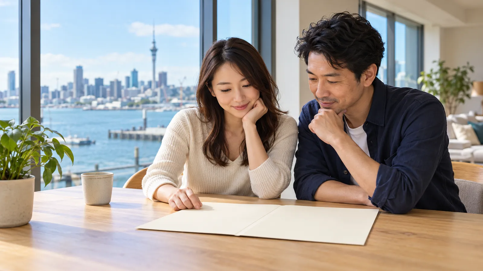 オークランドの港と街並みを背に、明るい室内で白紙のフォルダーを見つめる日本人の男女。