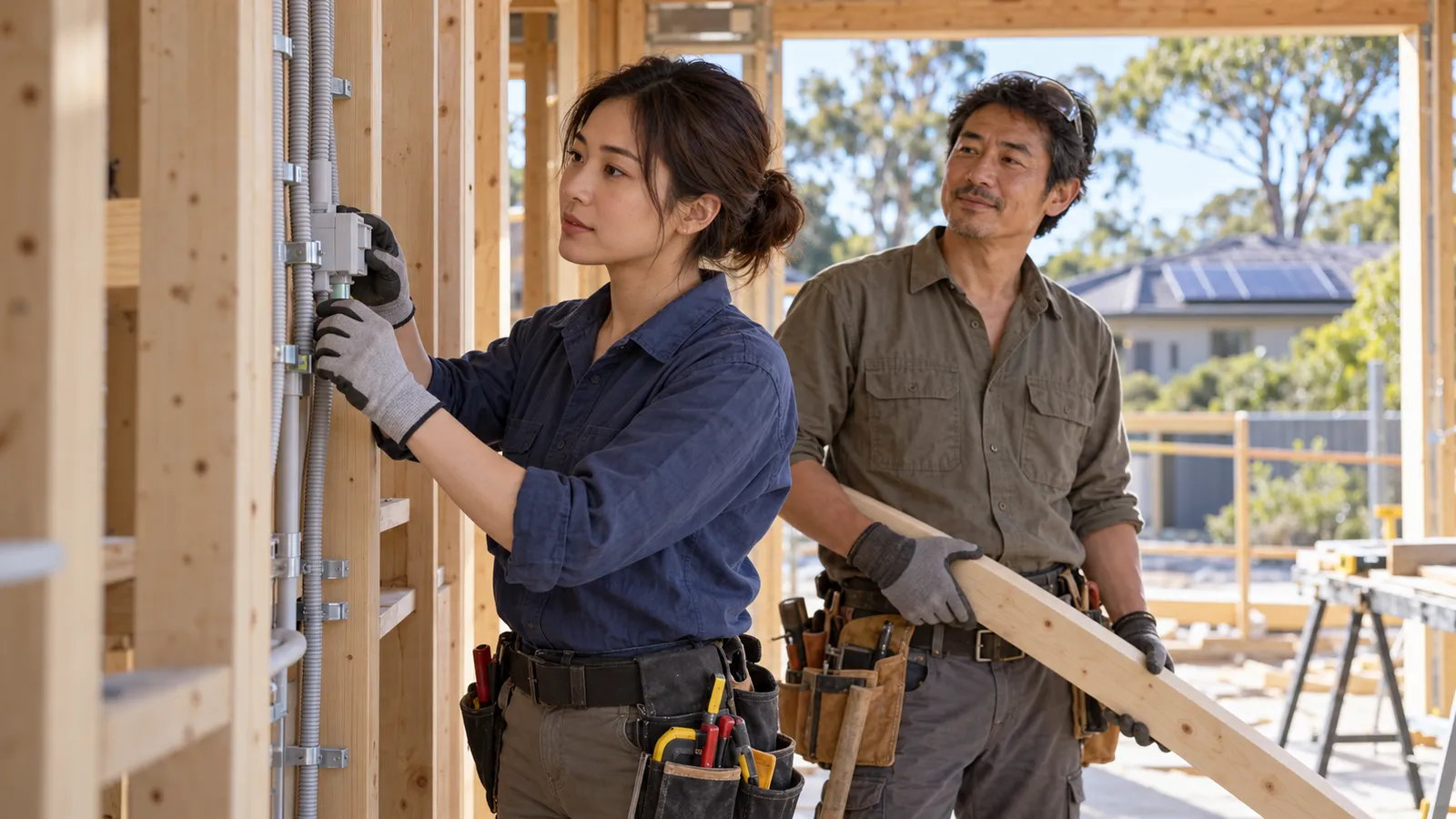 オーストラリアの住宅建築現場で働く日本人の女性電気工と男性大工。