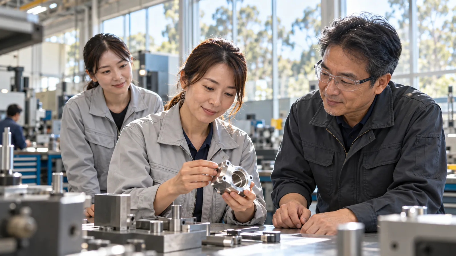 オーストラリアの明るい工場で金属部品を一緒に確認する日本人技術者たち。