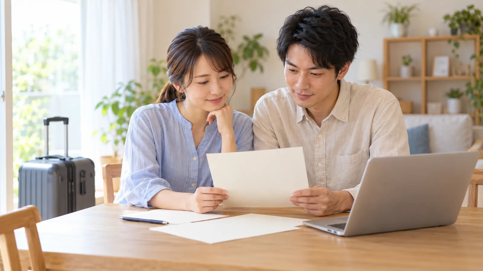 スーツケースを傍らに、明るい自宅で書類を一緒に確認する日本人の男女。