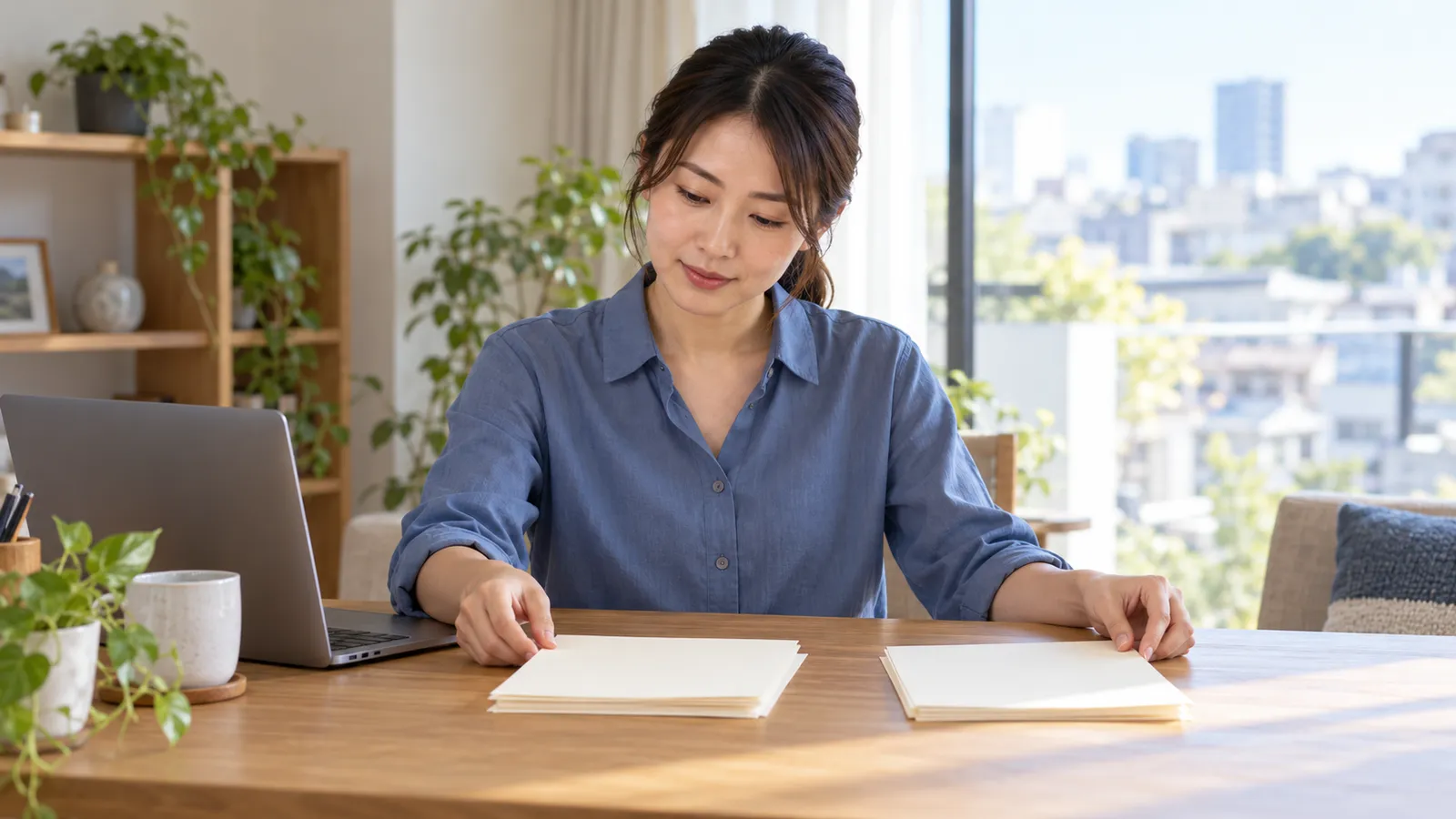 明るい自宅の机で、ノートパソコンの隣に白い用紙を二組に分ける日本人女性。