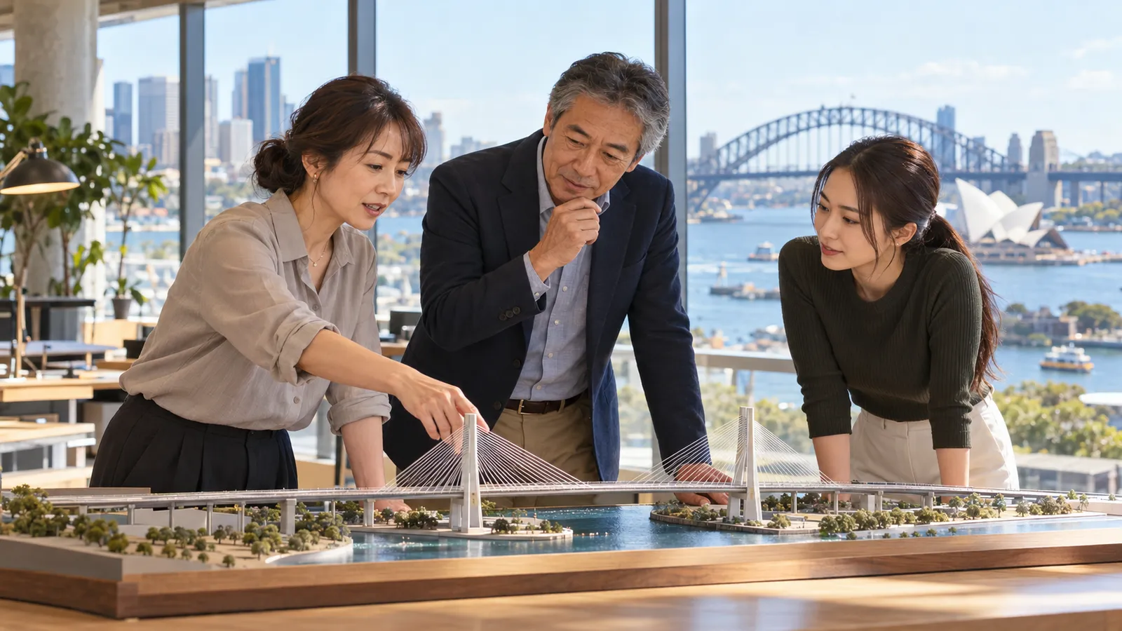 シドニー港を望む設計事務所で、橋の模型を囲んで話し合う日本人の男女3人。