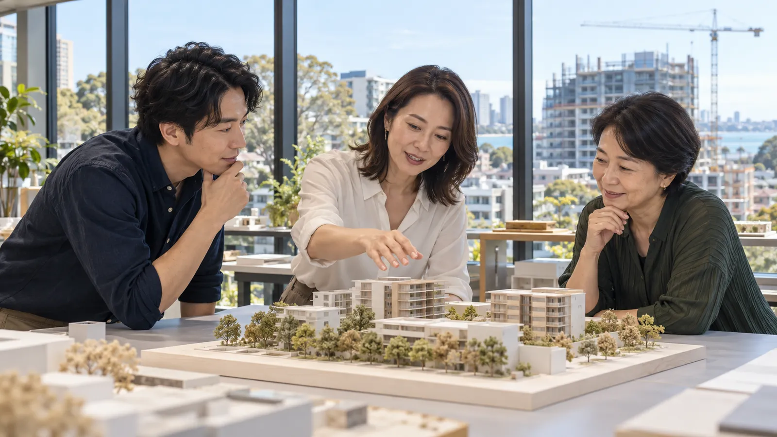 建設中の住宅を望むオーストラリアの職場で、建築模型を囲んで話し合う日本人の男女三人。
