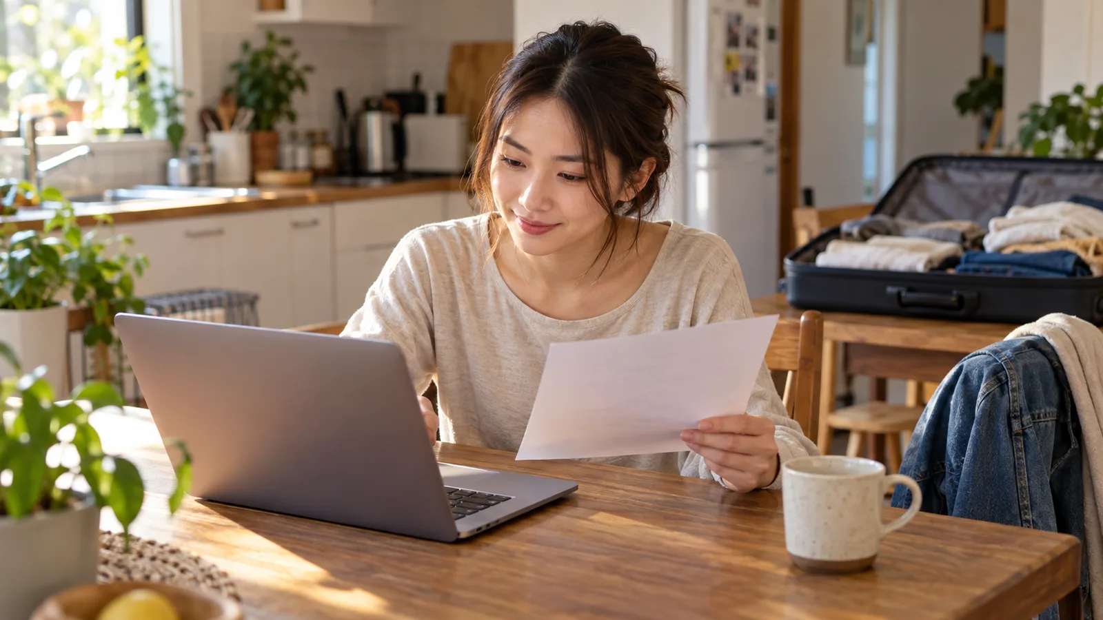 荷造り中のスーツケースを背に、朝日の入るキッチンで書類とノートパソコンを見比べる日本人女性。