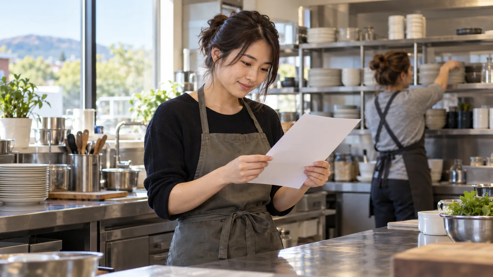 クライストチャーチのカフェの厨房で日本人女性が書類を読み、背景では同僚が食器を棚に並べている。