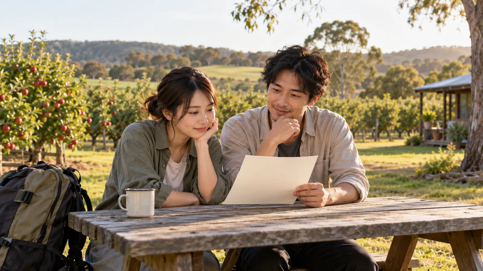 オーストラリアの果樹園を背景に、屋外のテーブルで白い紙を見ながら相談する日本人の男女。