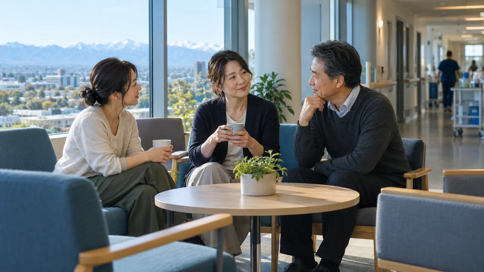 山並みを望む病院の明るい休憩室で、穏やかに語り合う日本人の男女三人。