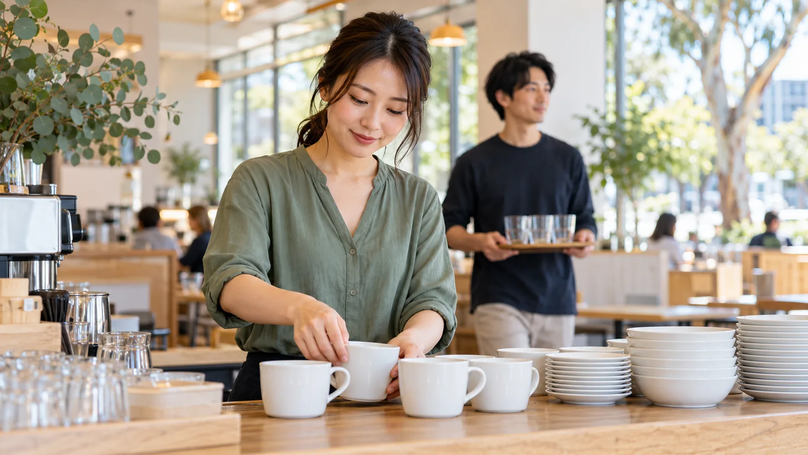 オーストラリアの明るいカフェで、日本人女性がカップを並べ、男性がグラスを運んでいる。